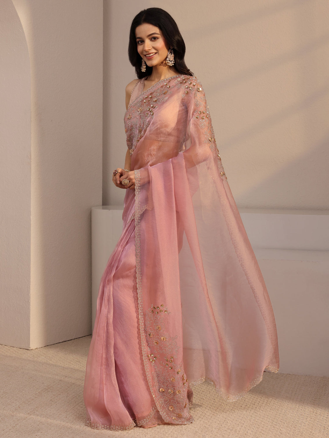 Mameraa Pink Embellished Organza Saree With Unstiched Blouse Piece