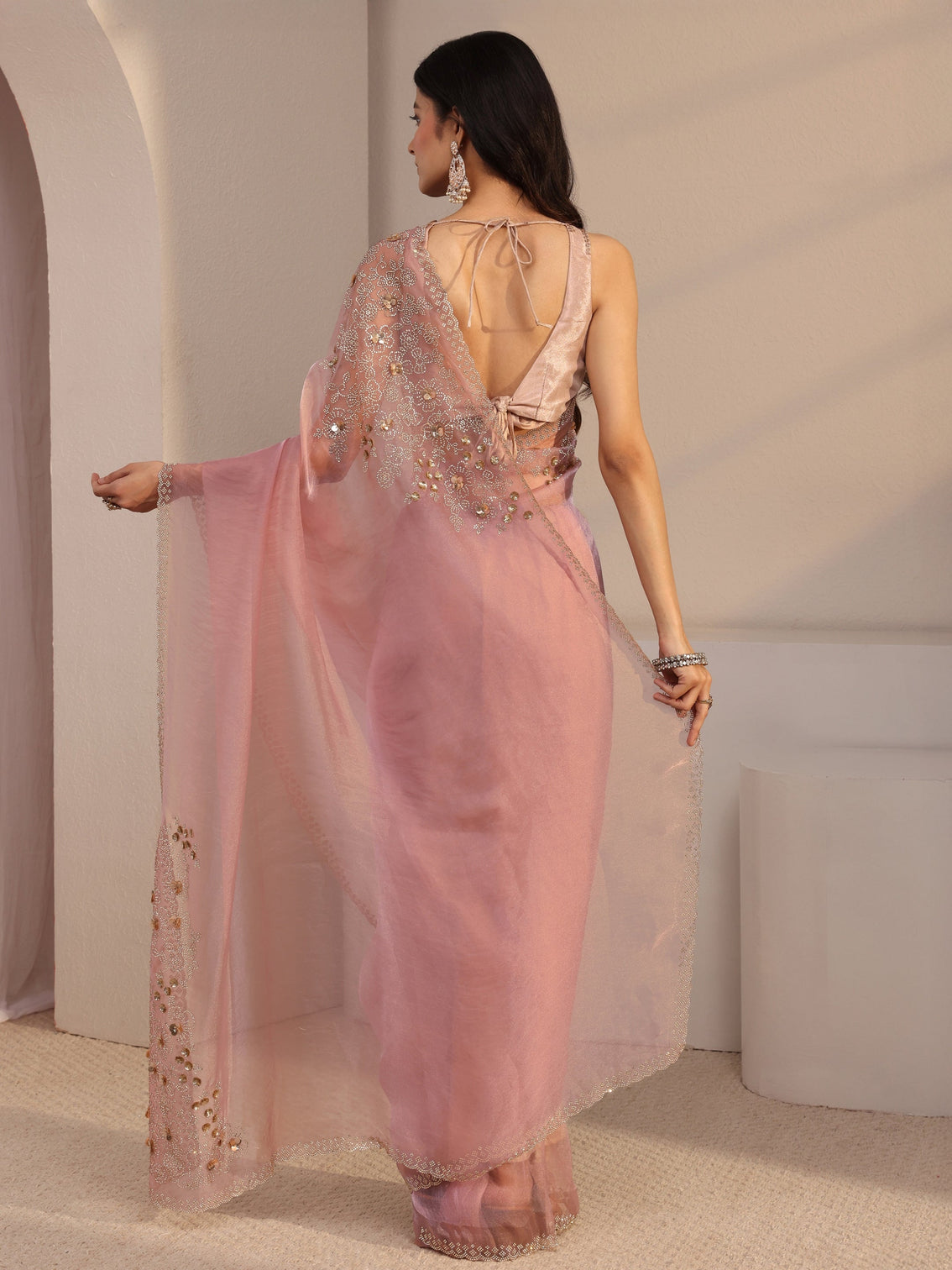 Mameraa Pink Embellished Organza Saree With Unstiched Blouse Piece