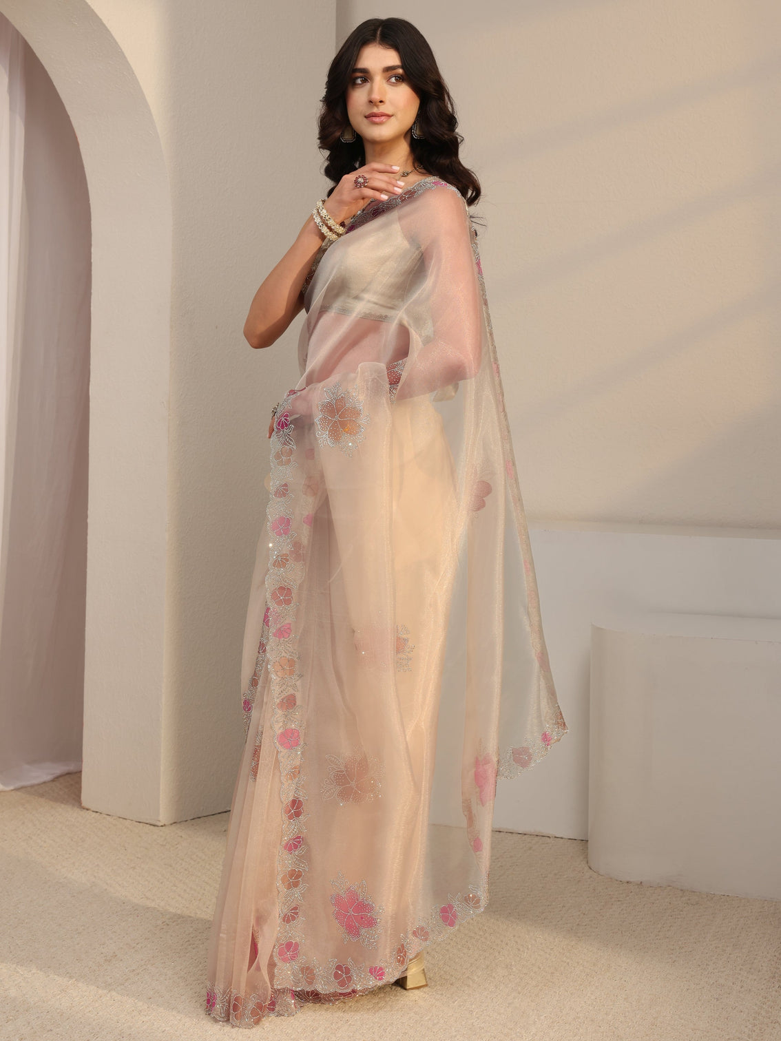 Mameraa Taupe Floral Embellished Organza Saree With Unstitched Blouse Piece