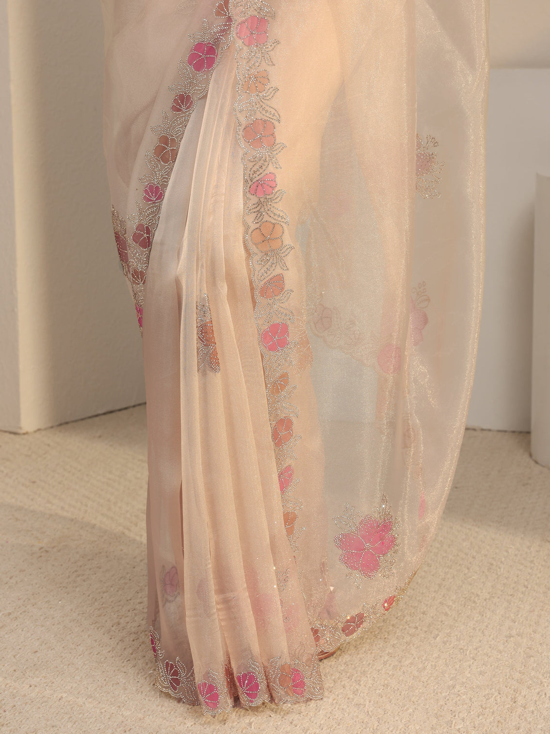Mameraa Taupe Floral Embellished Organza Saree With Unstitched Blouse Piece
