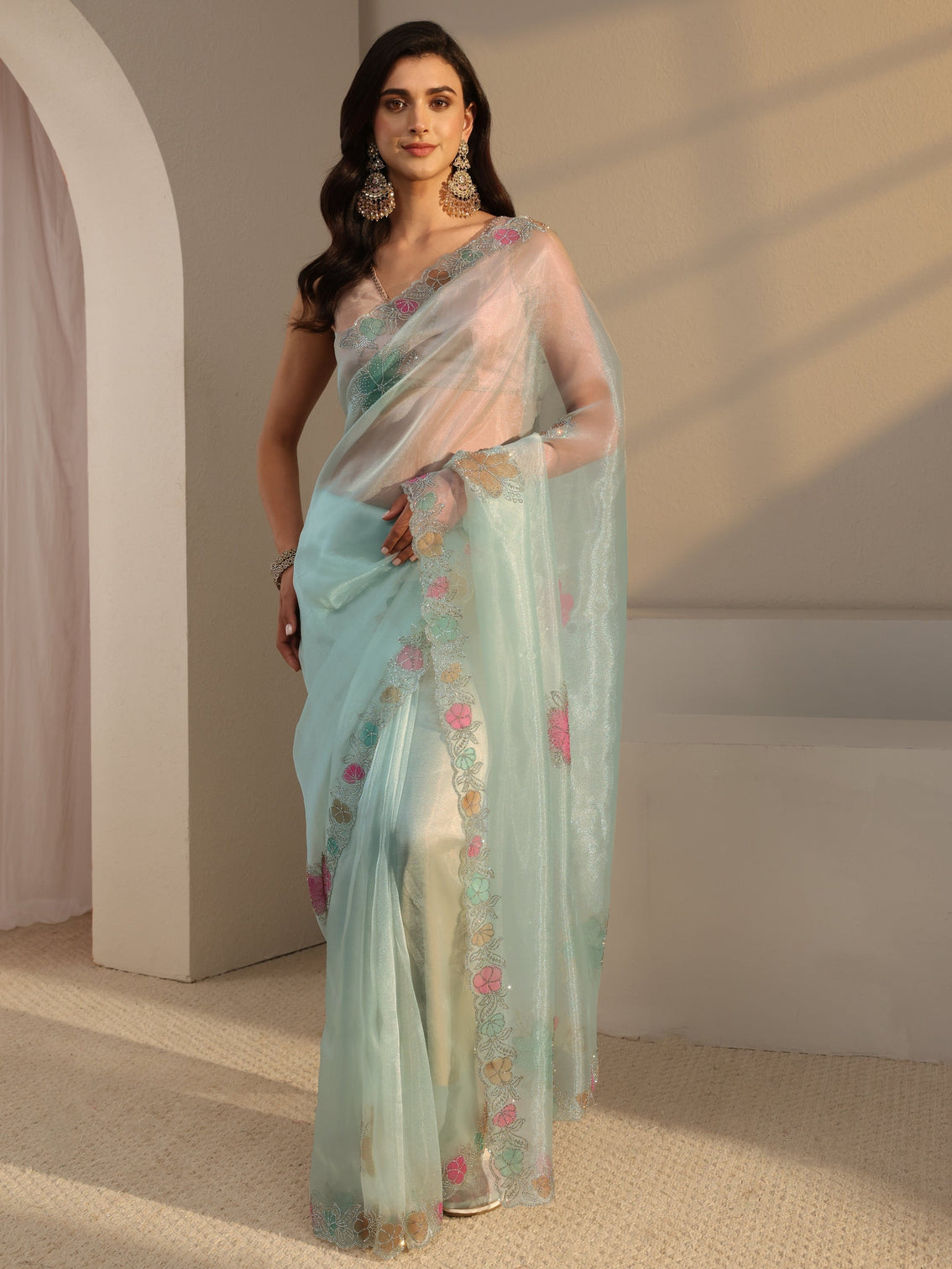 Mameraa Blue Floral Embellished Organza Saree With Unstitched Blouse Piece