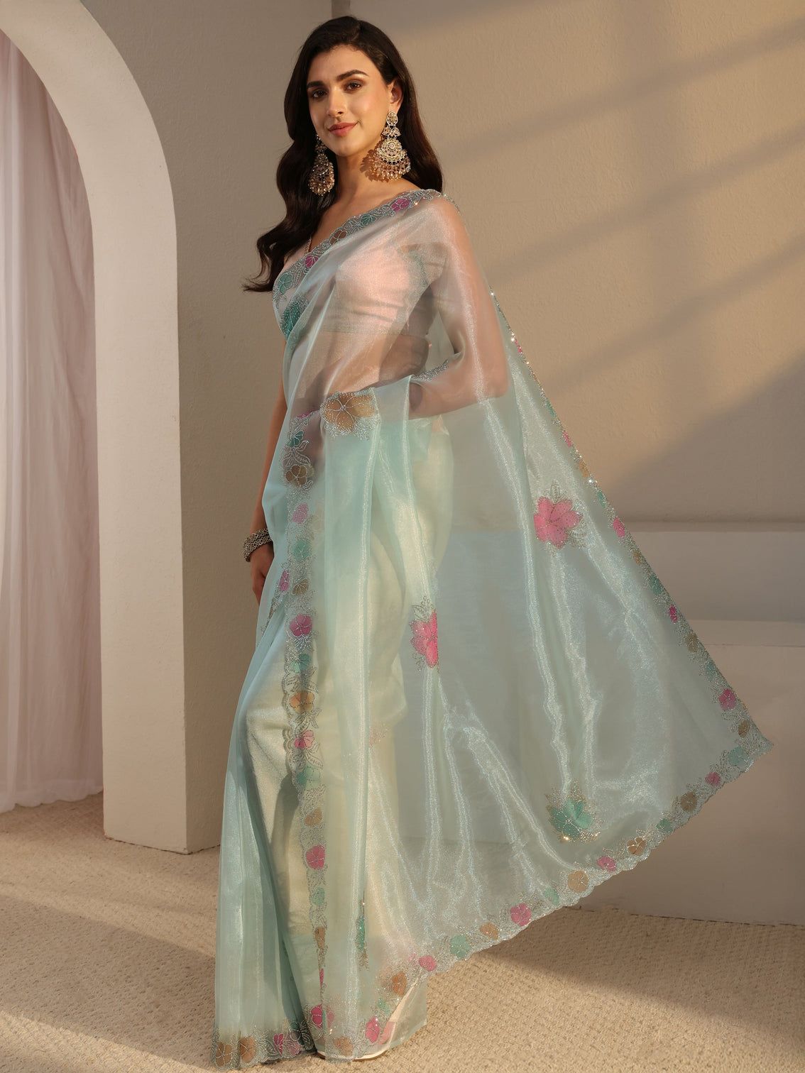 Mameraa Blue Floral Embellished Organza Saree With Unstitched Blouse Piece