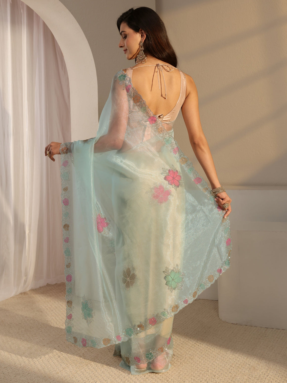 Mameraa Blue Floral Embellished Organza Saree With Unstitched Blouse Piece