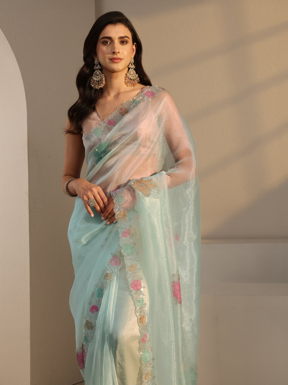 Mameraa Blue Floral Embellished Organza Saree With Unstitched Blouse Piece