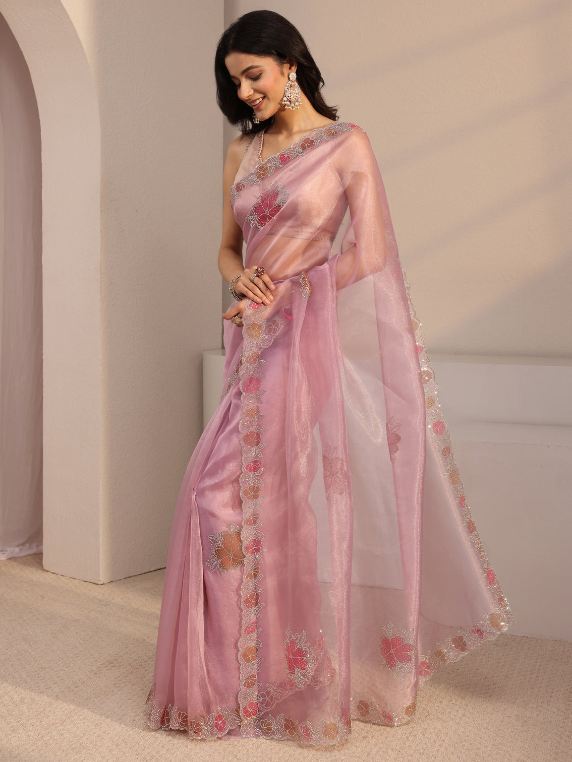 Mameraa Pink Embellished Organza Saree With Unstiched Blouse Piece