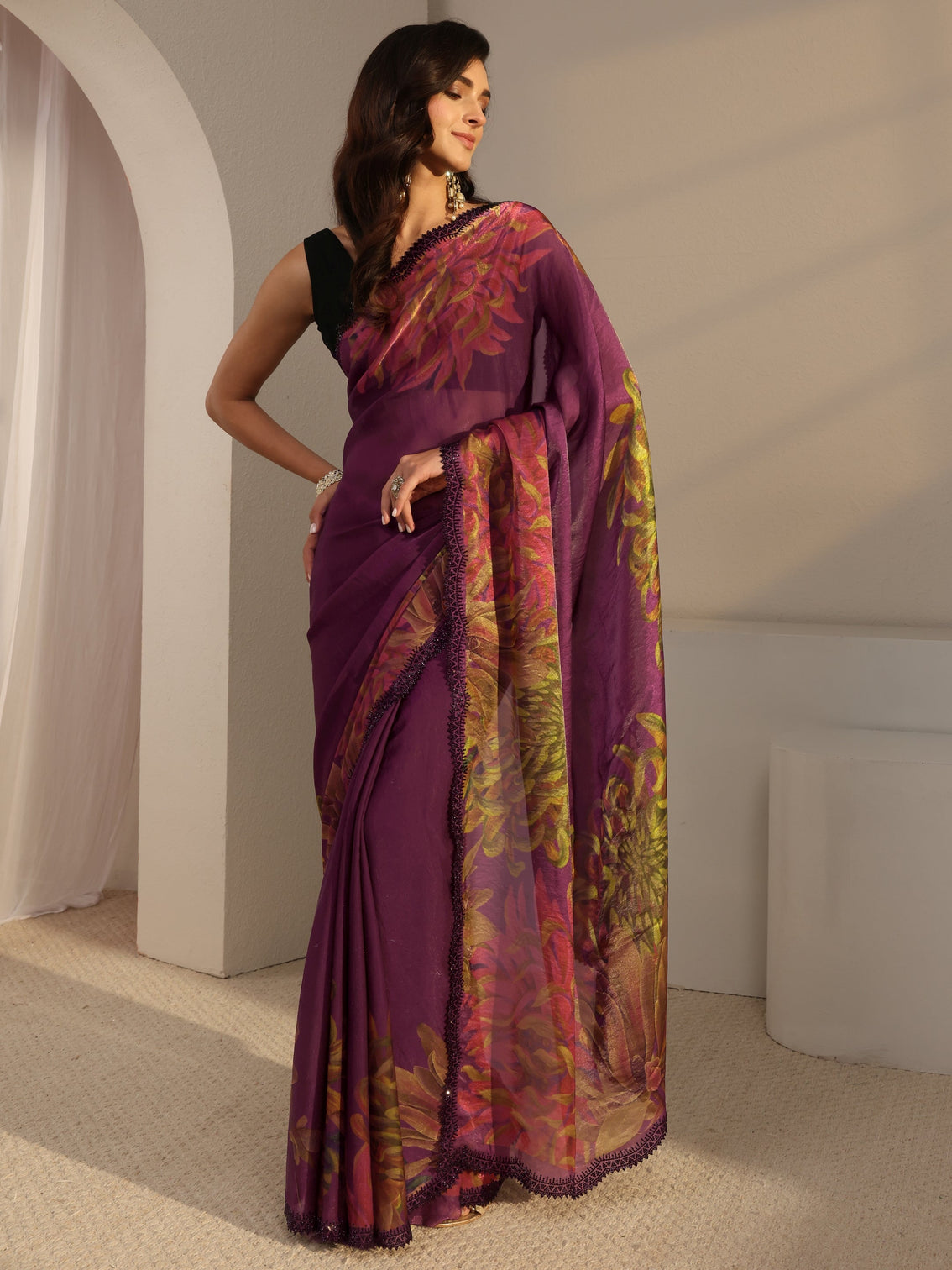 Mameraa Burgundy Floral Printed Satin Saree With Unstitched Blouse Piece