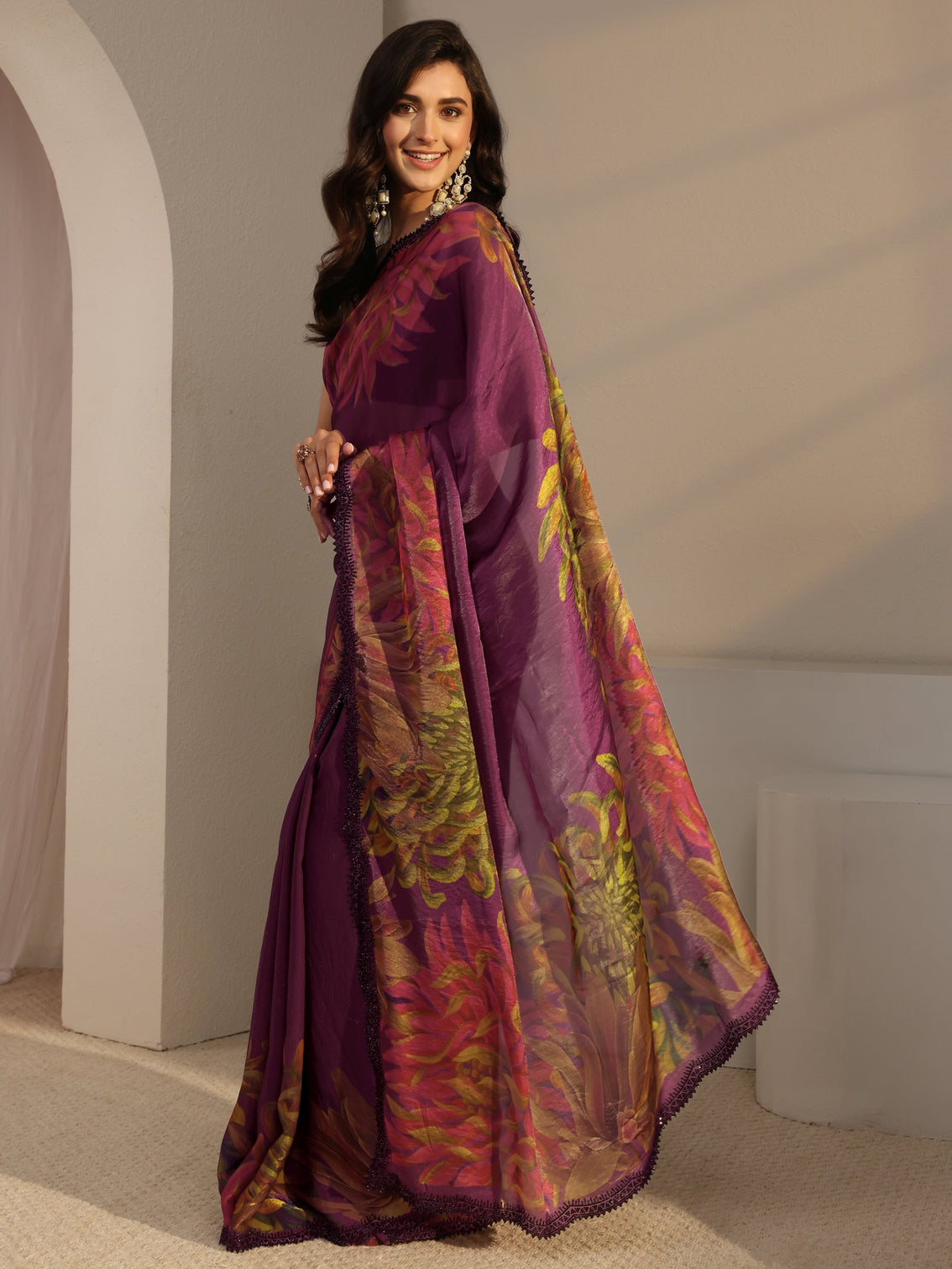 Mameraa Burgundy Floral Printed Satin Saree With Unstitched Blouse Piece