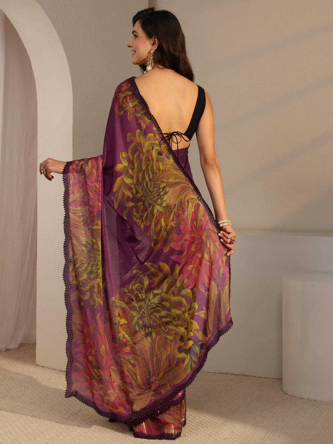 Mameraa Burgundy Floral Printed Satin Saree With Unstitched Blouse Piece