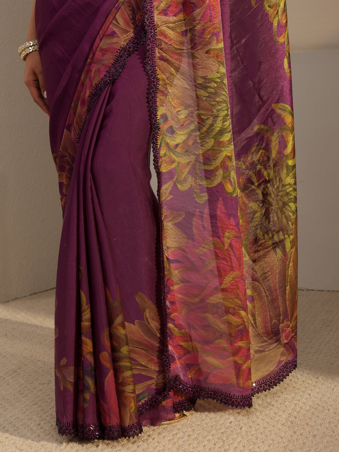 Mameraa Burgundy Floral Printed Satin Saree With Unstitched Blouse Piece