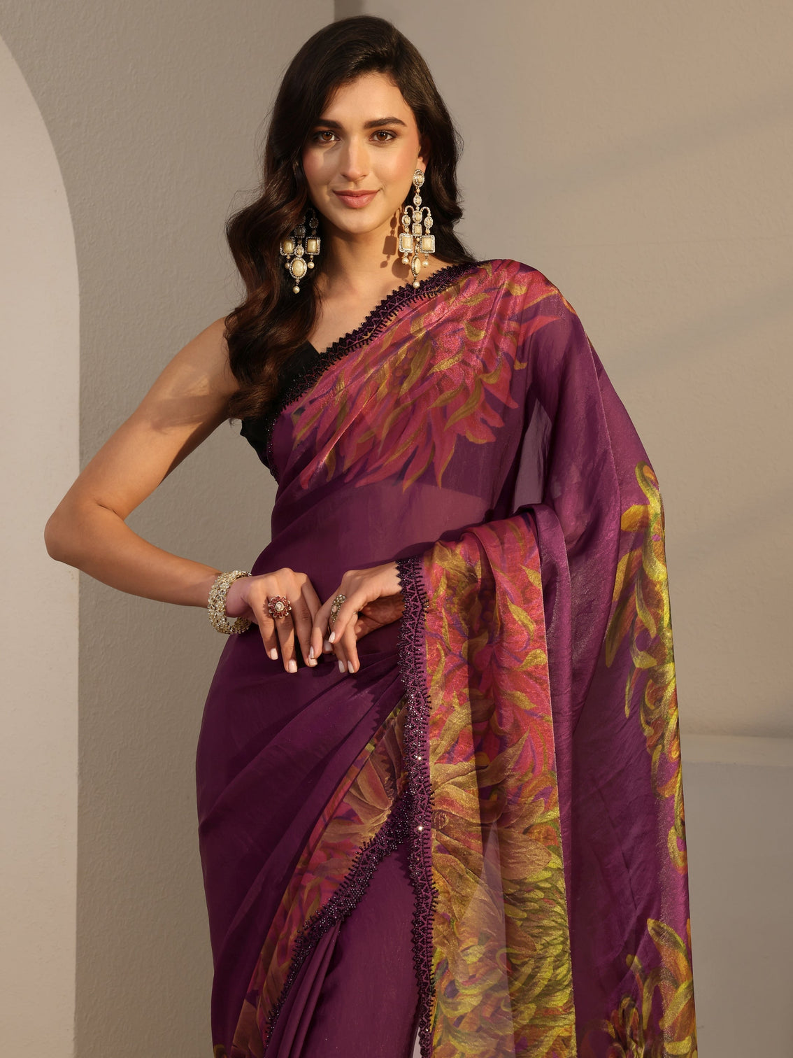 Mameraa Burgundy Floral Printed Satin Saree With Unstitched Blouse Piece
