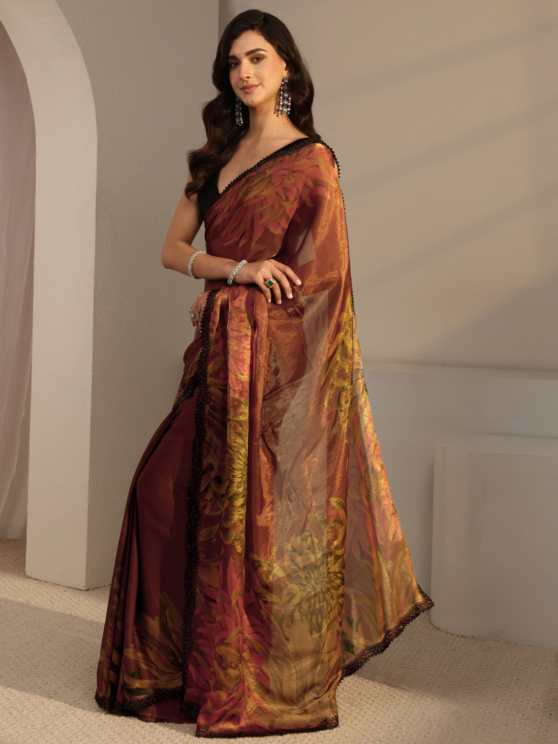 Mameraa Rust Floral Printed Satin Saree With Unstitched Blouse Piece