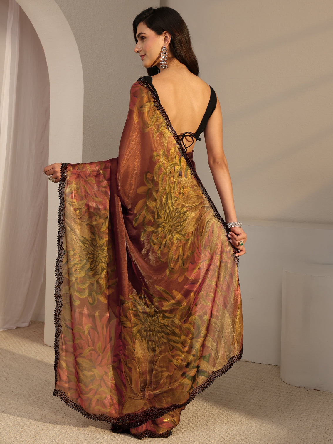 Mameraa Rust Floral Printed Satin Saree With Unstitched Blouse Piece