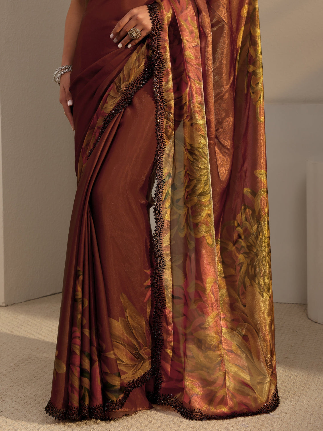 Mameraa Rust Floral Printed Satin Saree With Unstitched Blouse Piece