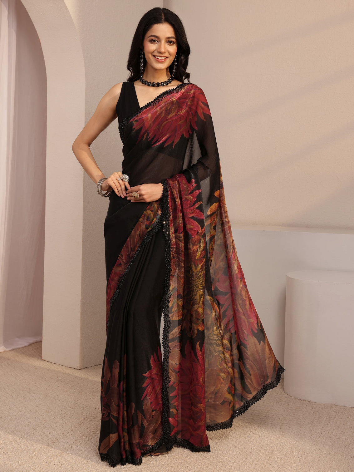 Mameraa Black Floral Printed Organza Saree With Unstiched Blouse Piece