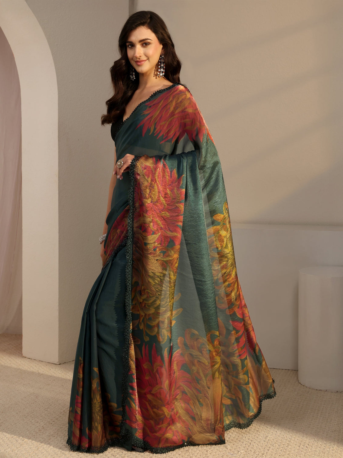 Mameraa Green Floral Printed Satin Saree With Unstitched Blouse Piece