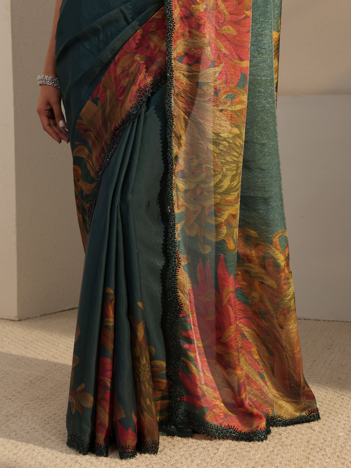Mameraa Green Floral Printed Satin Saree With Unstitched Blouse Piece