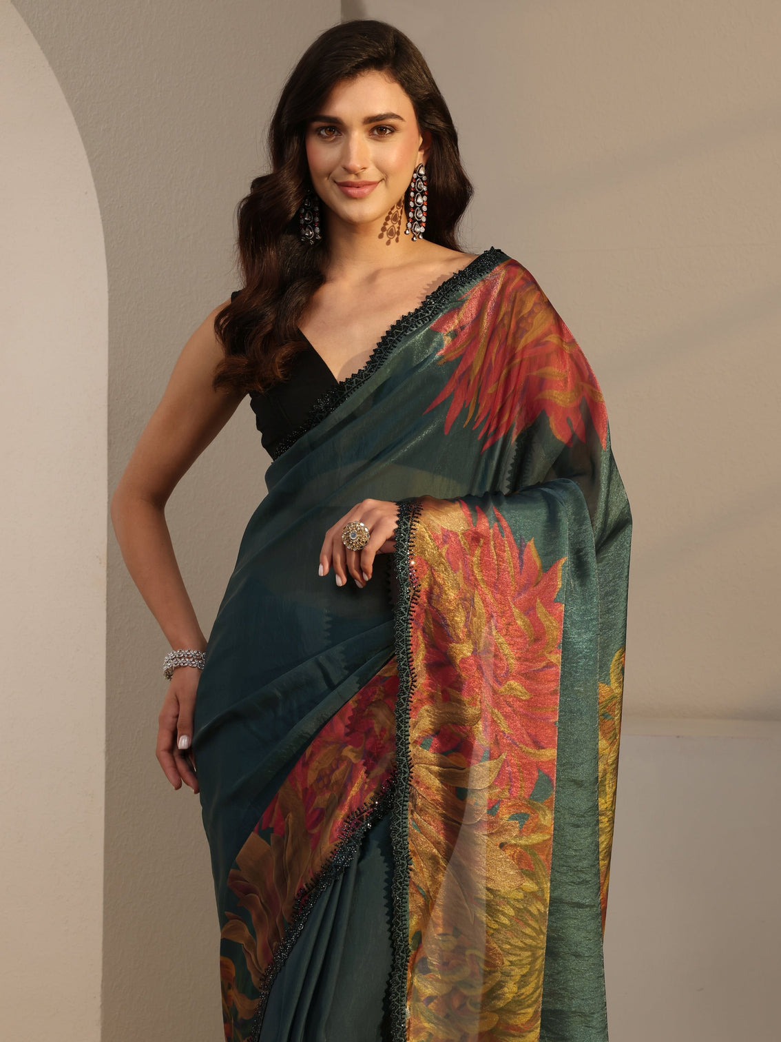 Mameraa Green Floral Printed Satin Saree With Unstitched Blouse Piece
