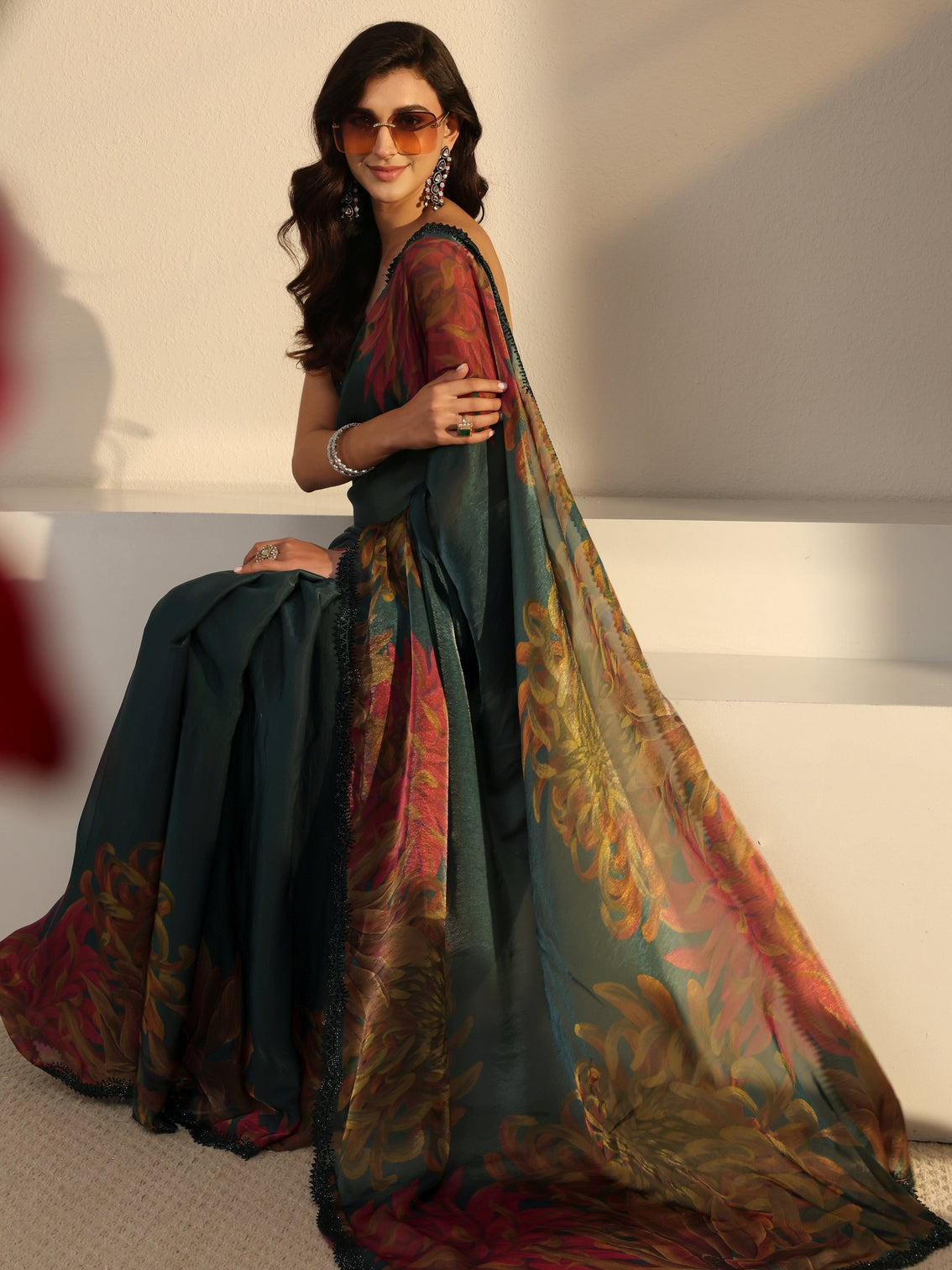 Mameraa Green Floral Printed Satin Saree With Unstitched Blouse Piece