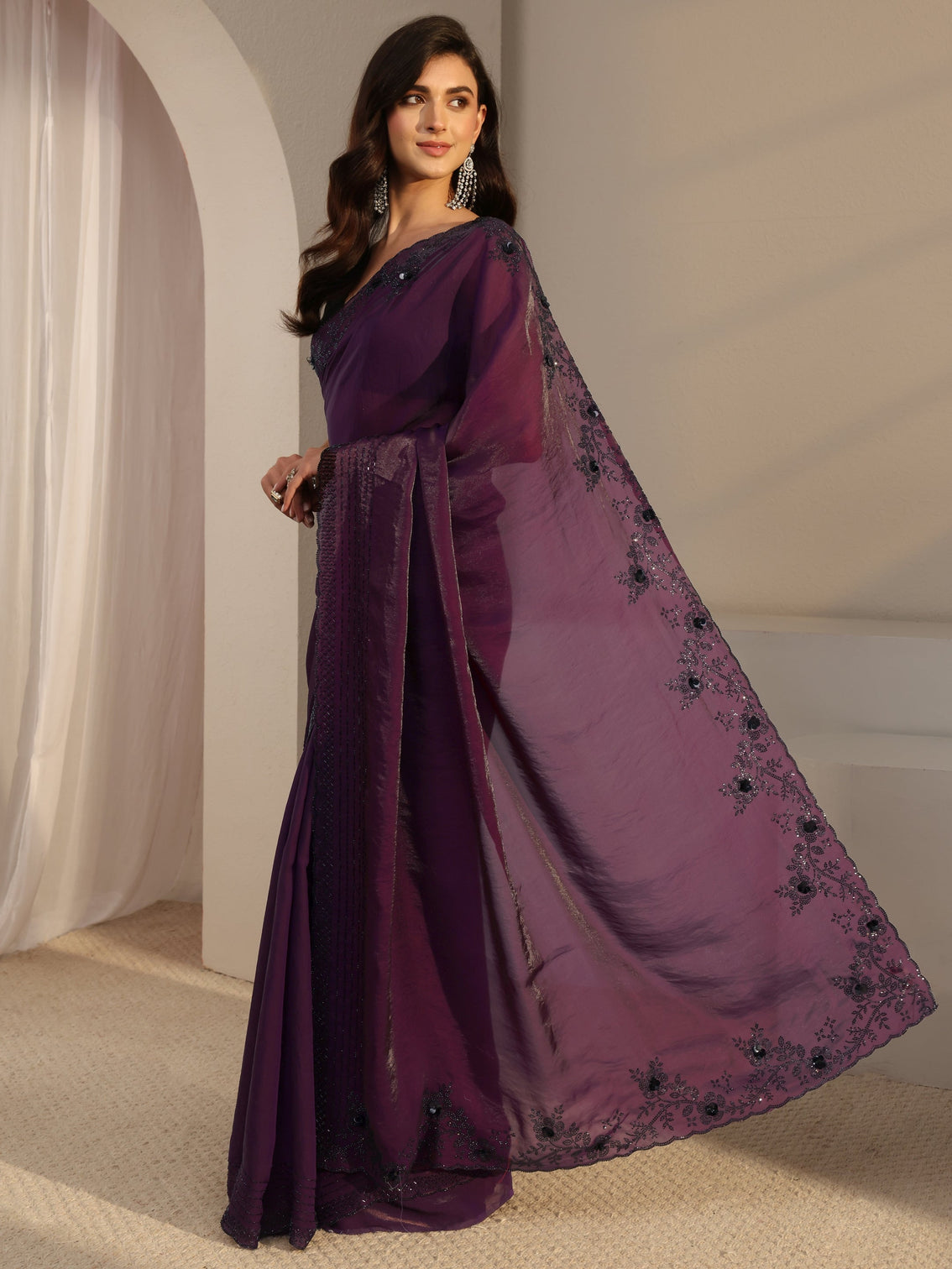Mameraa Purple Embellished Tissue Saree With Unstitched Blouse Piece