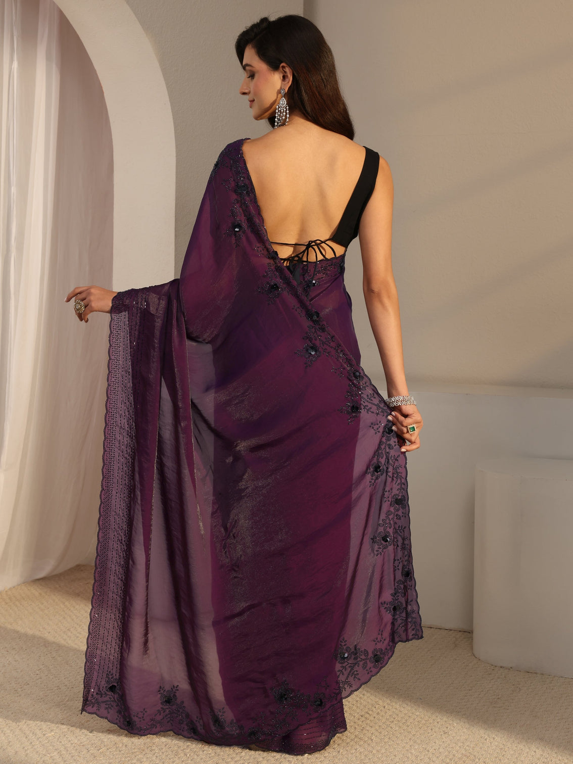 Mameraa Purple Embellished Tissue Saree With Unstitched Blouse Piece