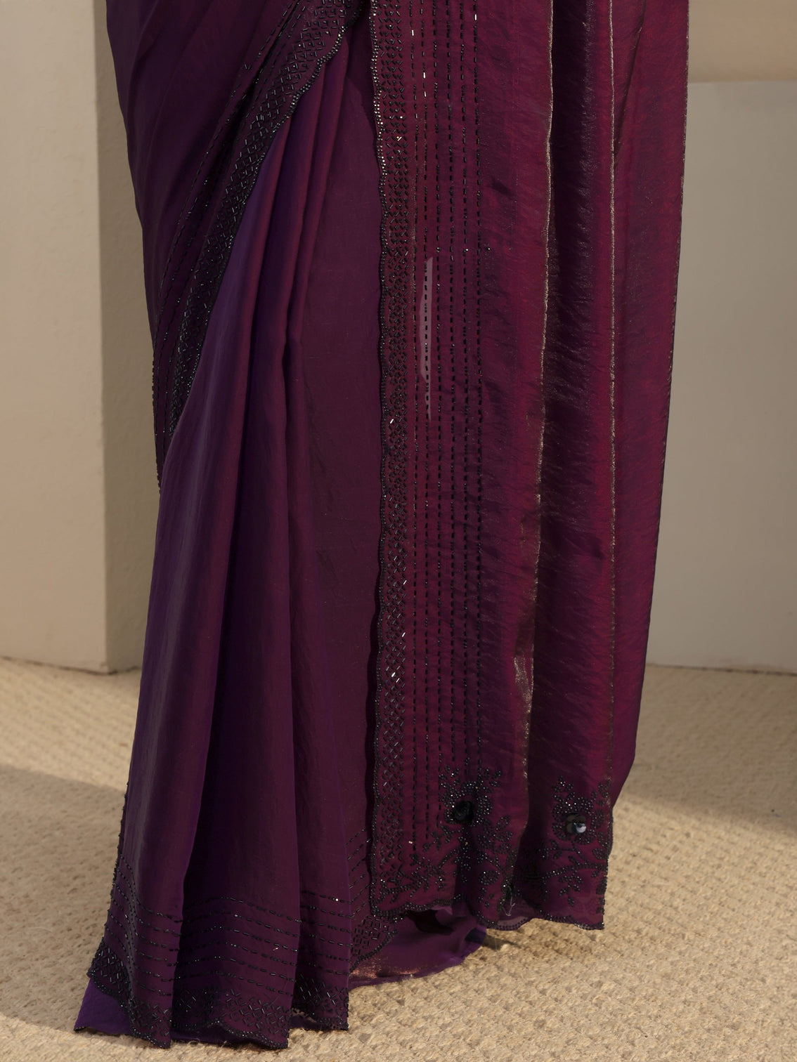 Mameraa Purple Embellished Tissue Saree With Unstitched Blouse Piece