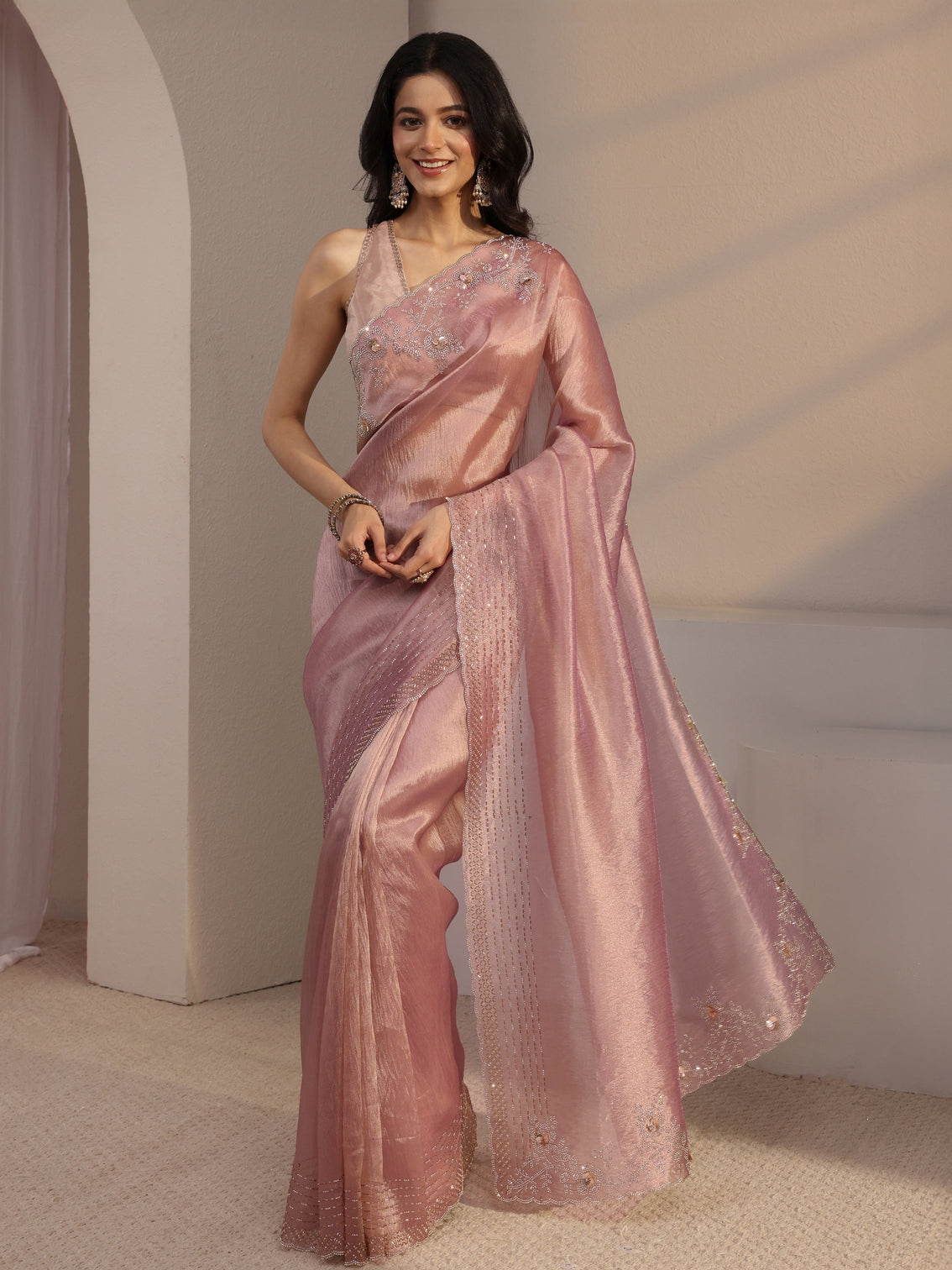 Mameraa Lavender Embellished Tissue Saree With Unstiched Blouse Piece