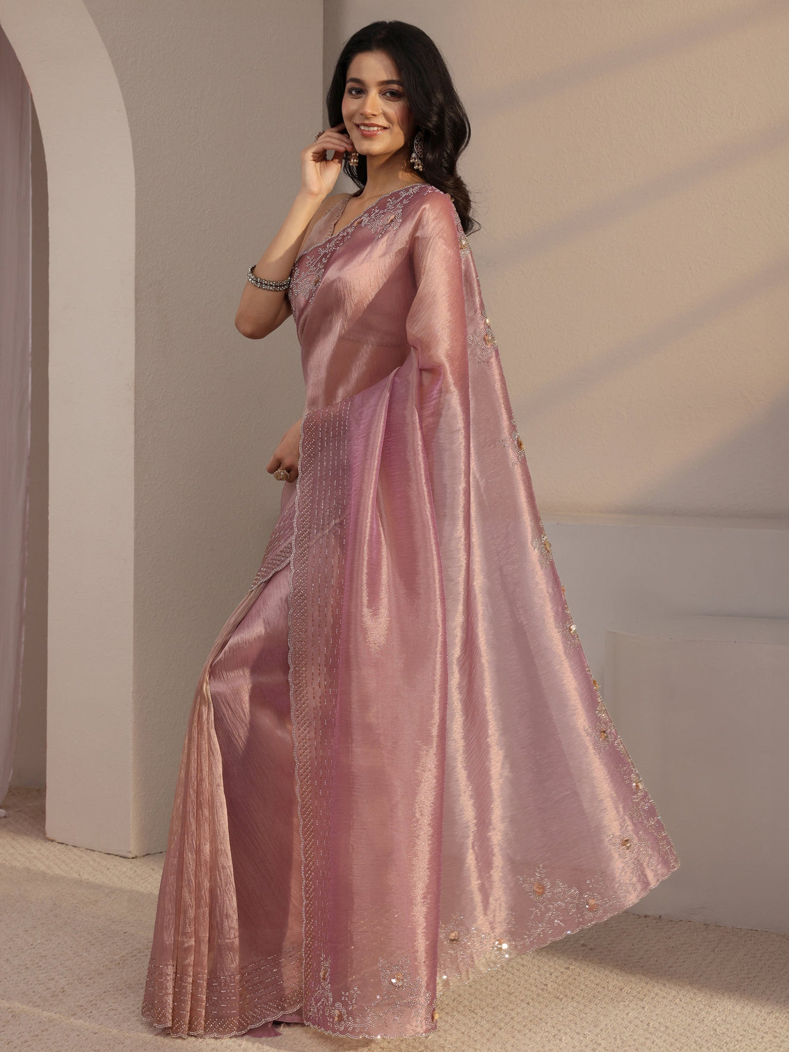 Mameraa Lavender Embellished Tissue Saree With Unstiched Blouse Piece