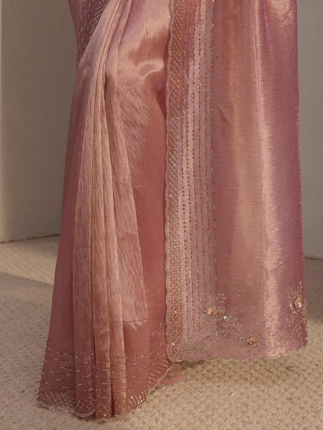 Mameraa Lavender Embellished Tissue Saree With Unstiched Blouse Piece