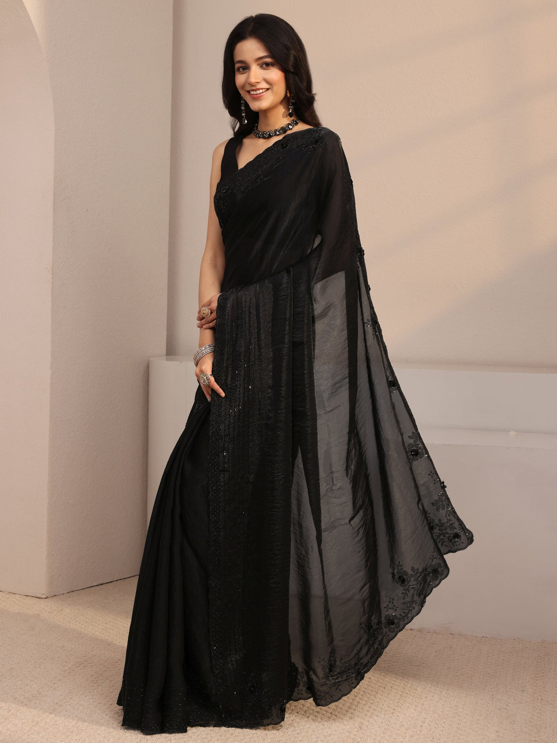 Mameraa Black Embellished Tissue Saree With Unstiched Blouse Piece
