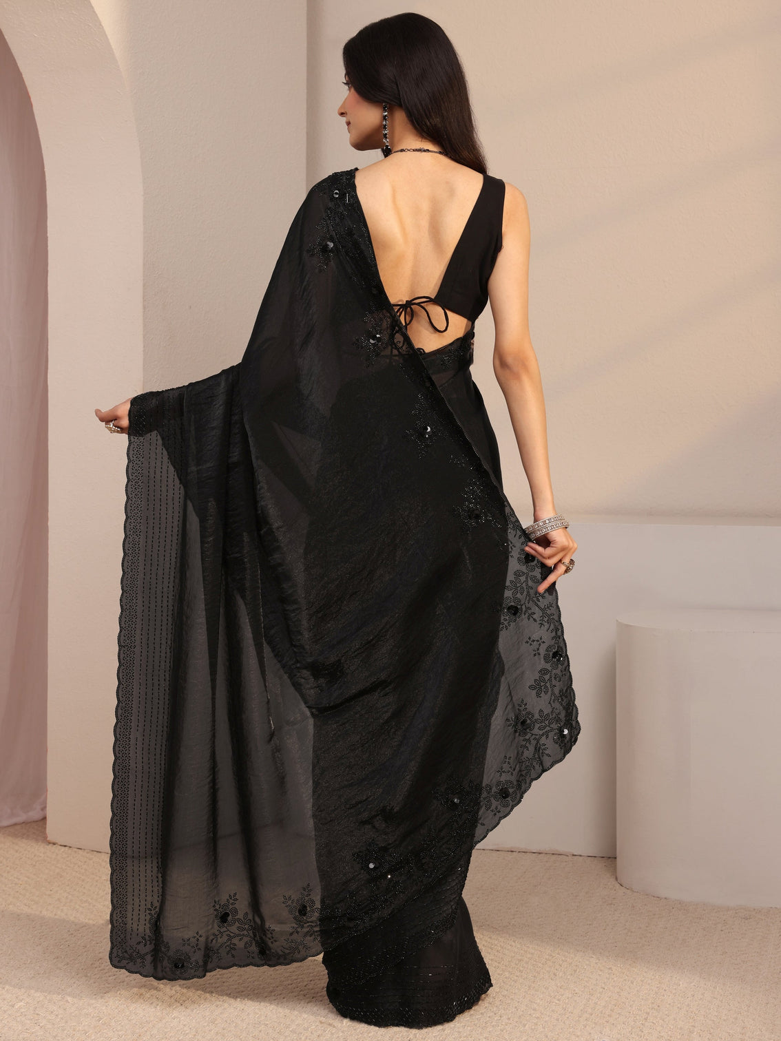 Mameraa Black Embellished Tissue Saree With Unstiched Blouse Piece