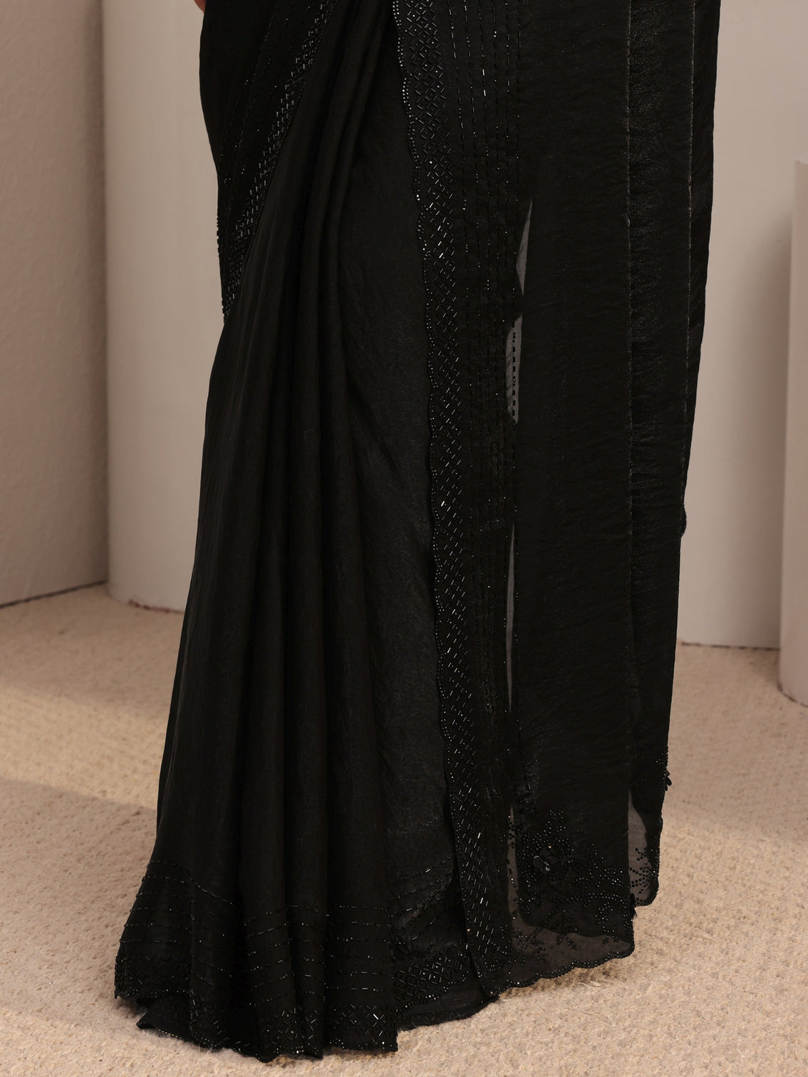 Mameraa Black Embellished Tissue Saree With Unstiched Blouse Piece