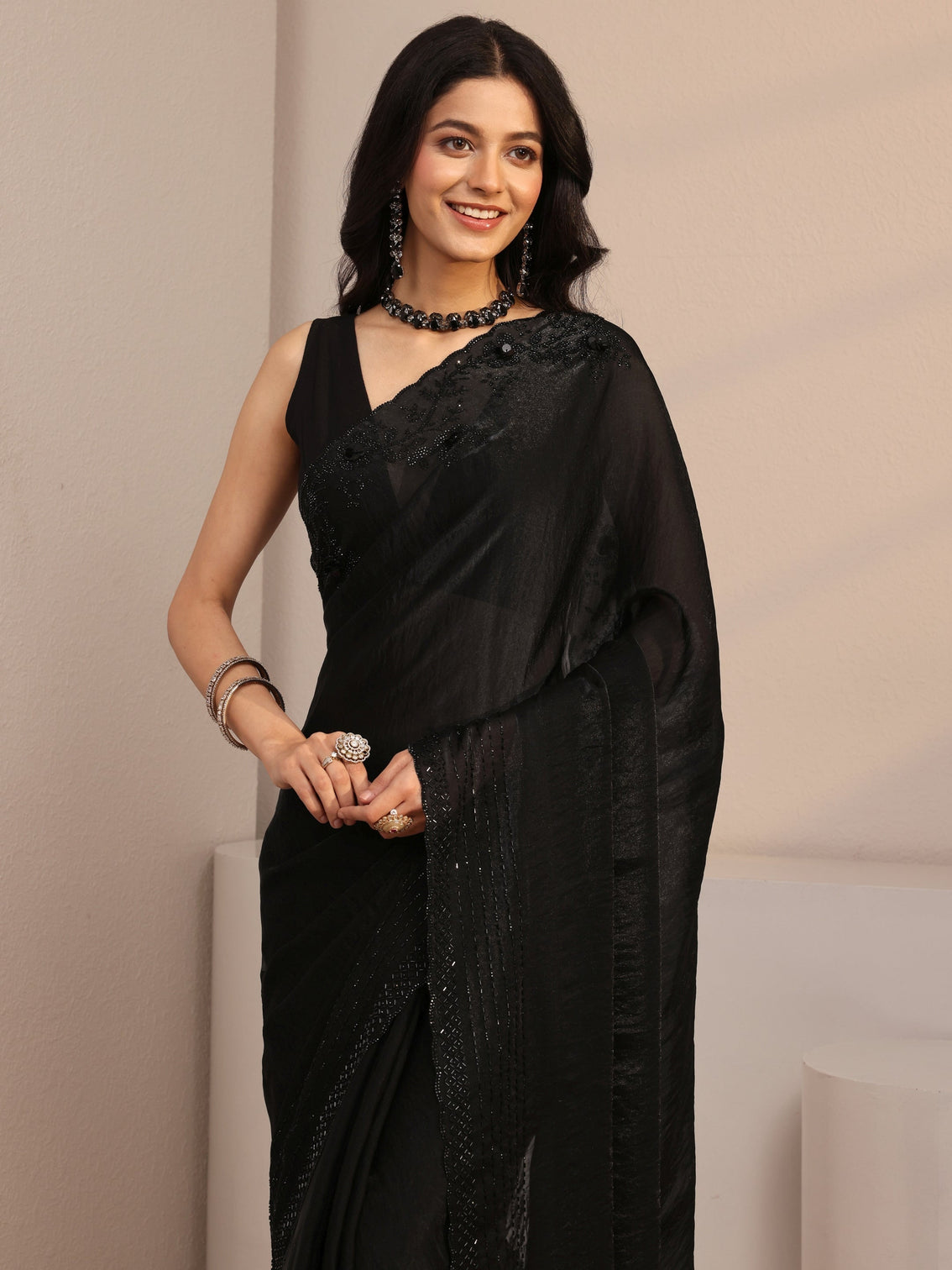 Mameraa Black Embellished Tissue Saree With Unstiched Blouse Piece