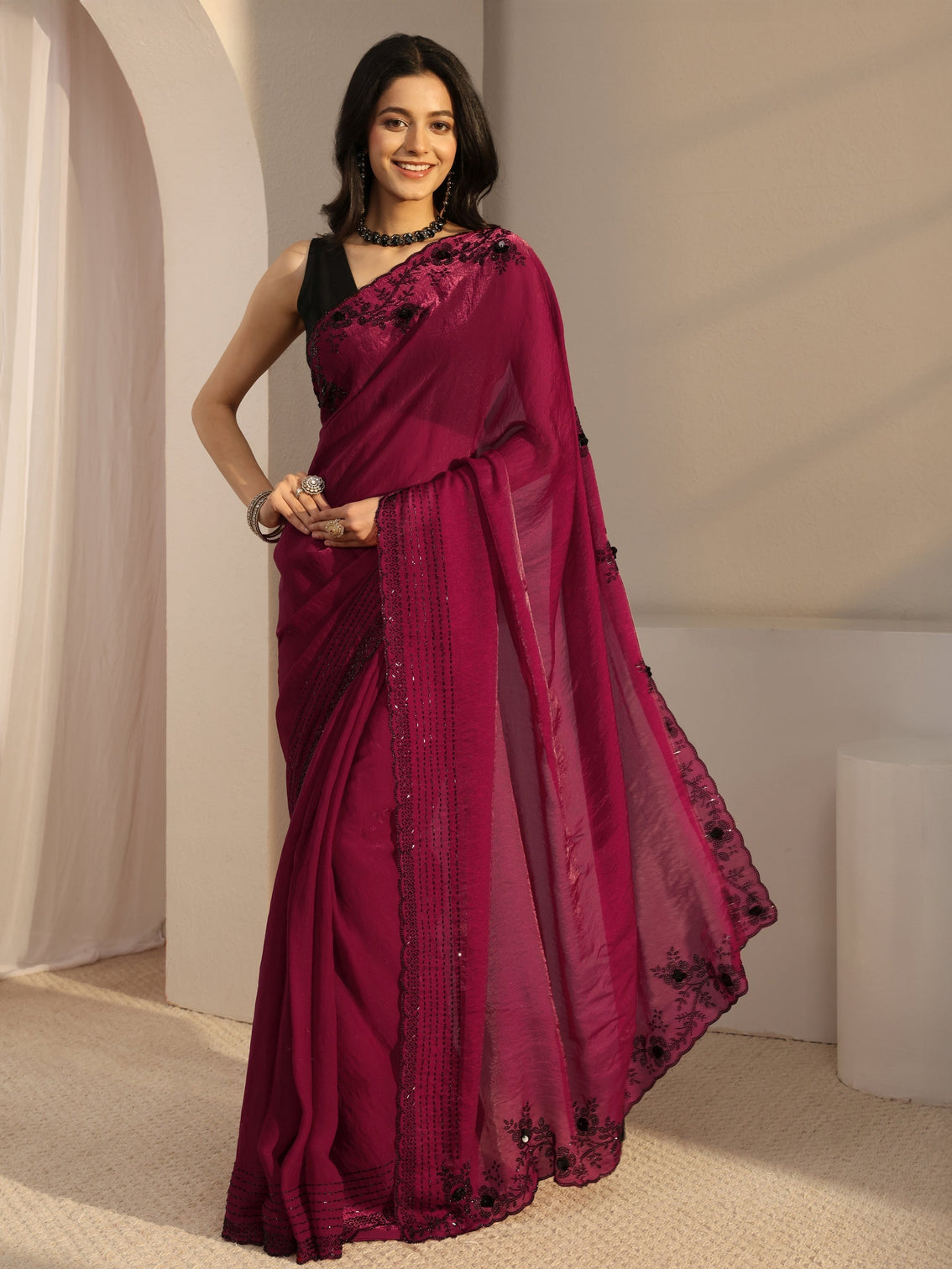 Mameraa Pink Embellished Tissue Saree With Unstiched Blouse Piece