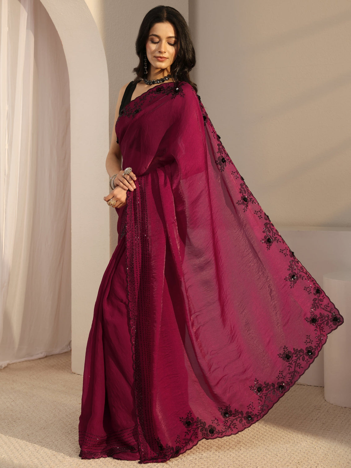 Mameraa Pink Embellished Tissue Saree With Unstiched Blouse Piece
