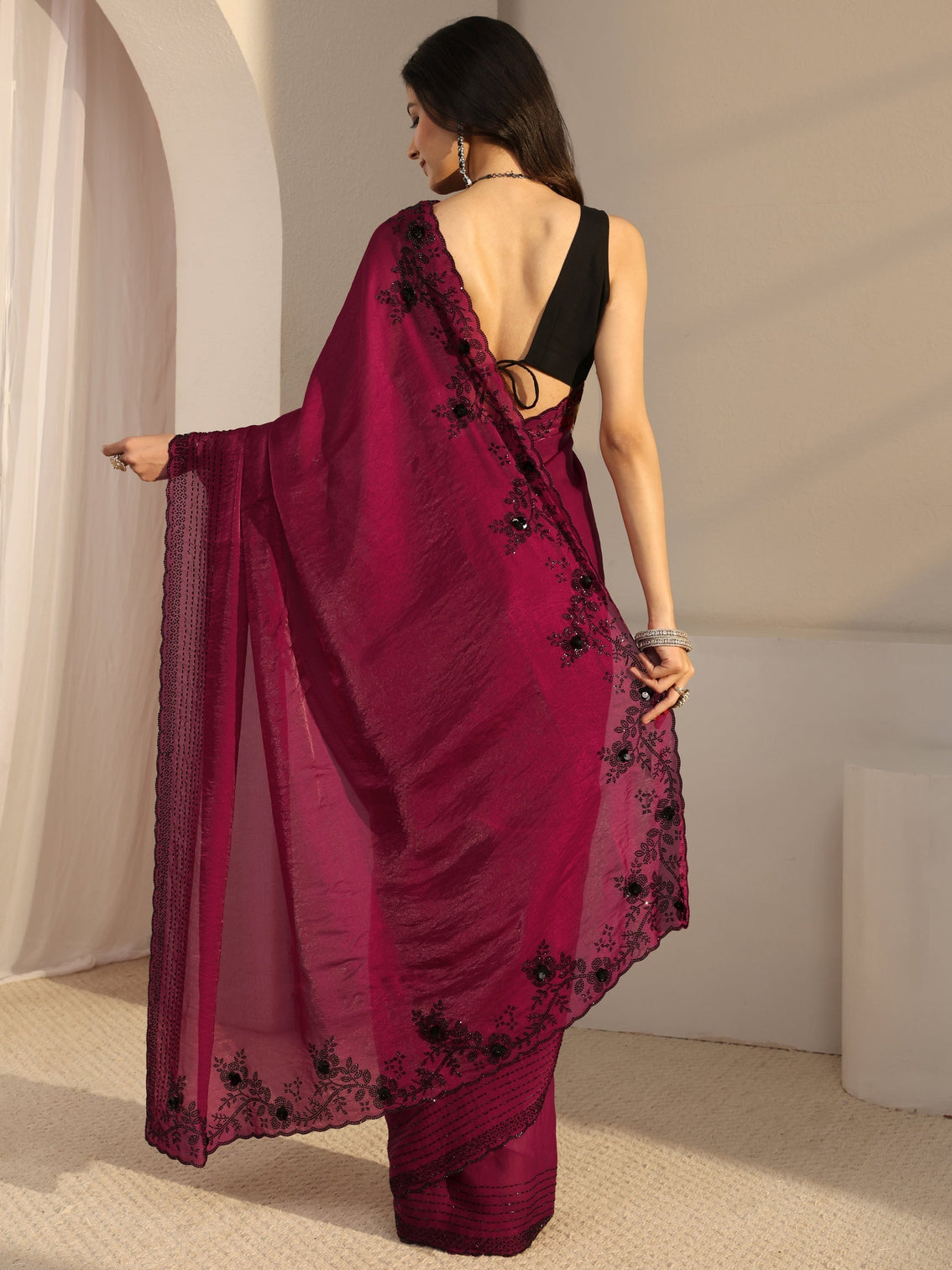 Mameraa Pink Embellished Tissue Saree With Unstiched Blouse Piece