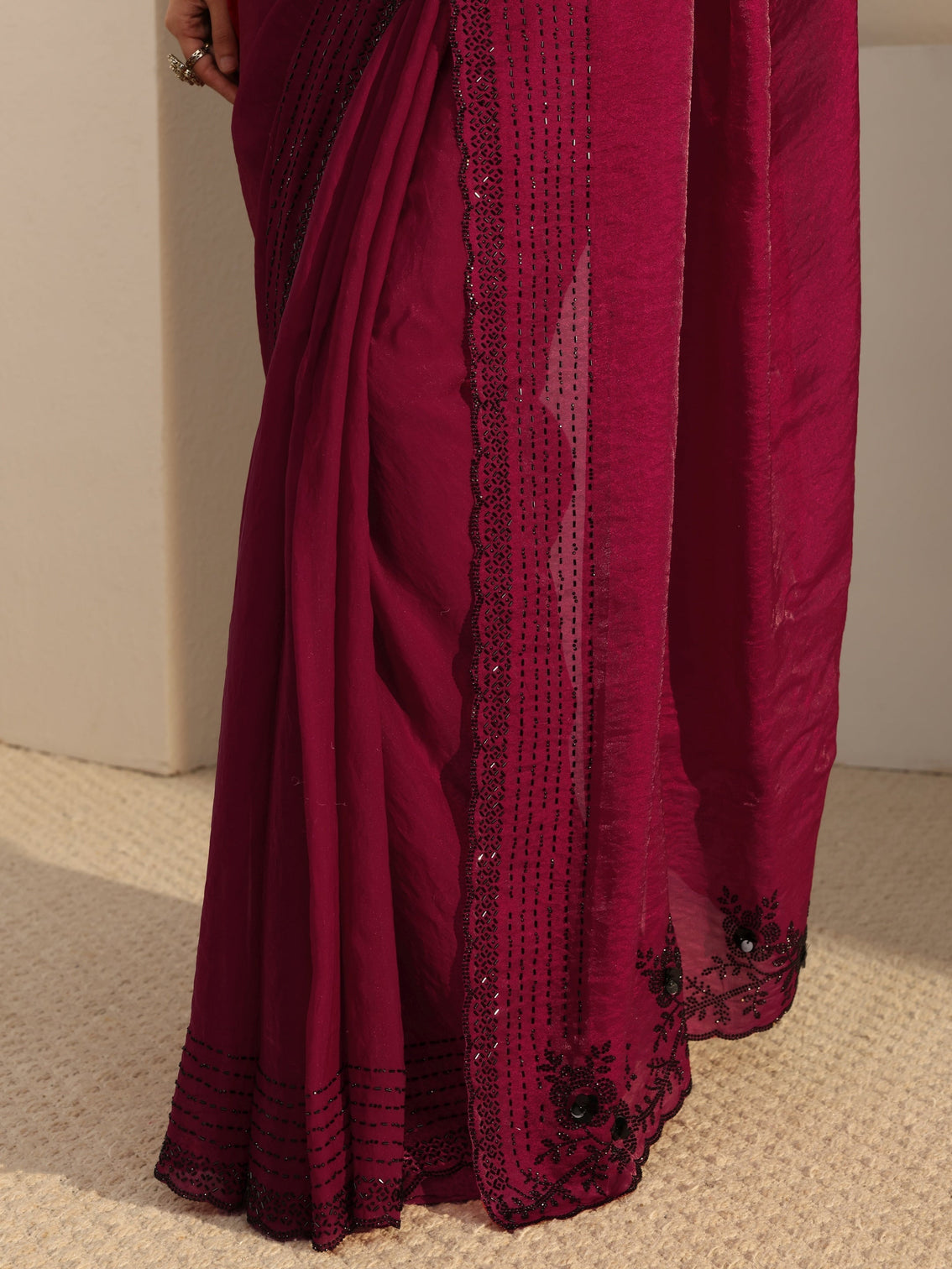 Mameraa Pink Embellished Tissue Saree With Unstiched Blouse Piece