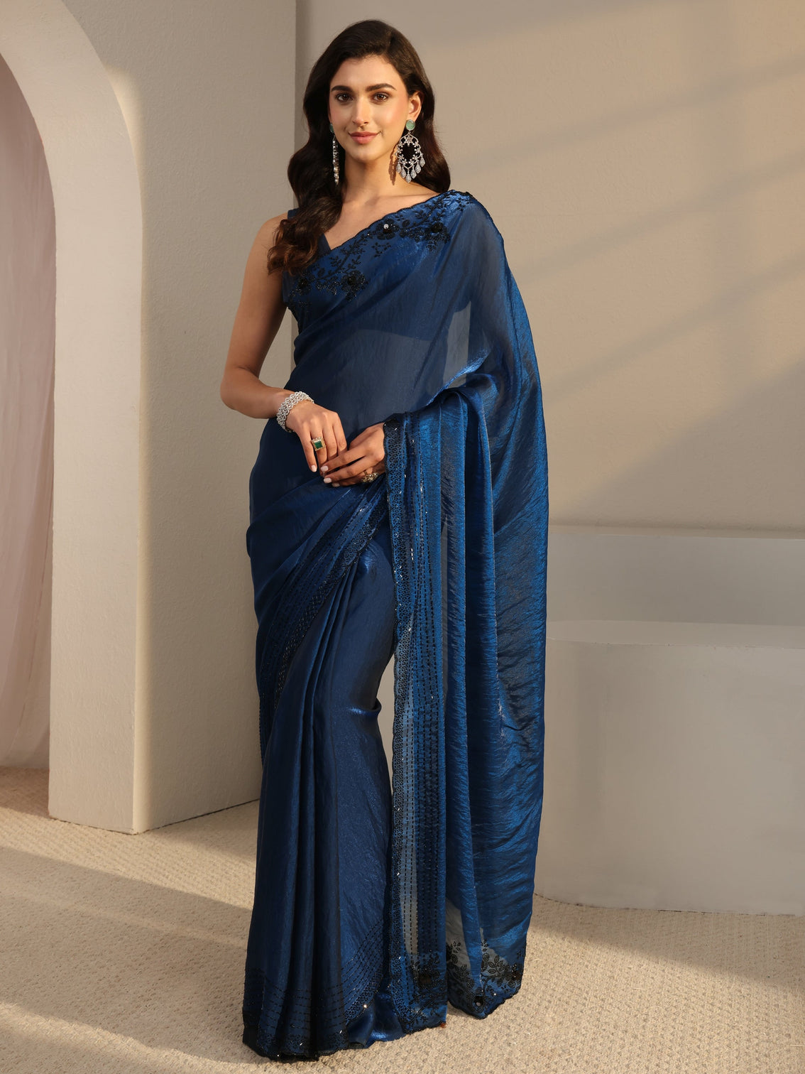 Mameraa Blue Floral Embellished Tissue Saree With Unstitched Blouse Piece
