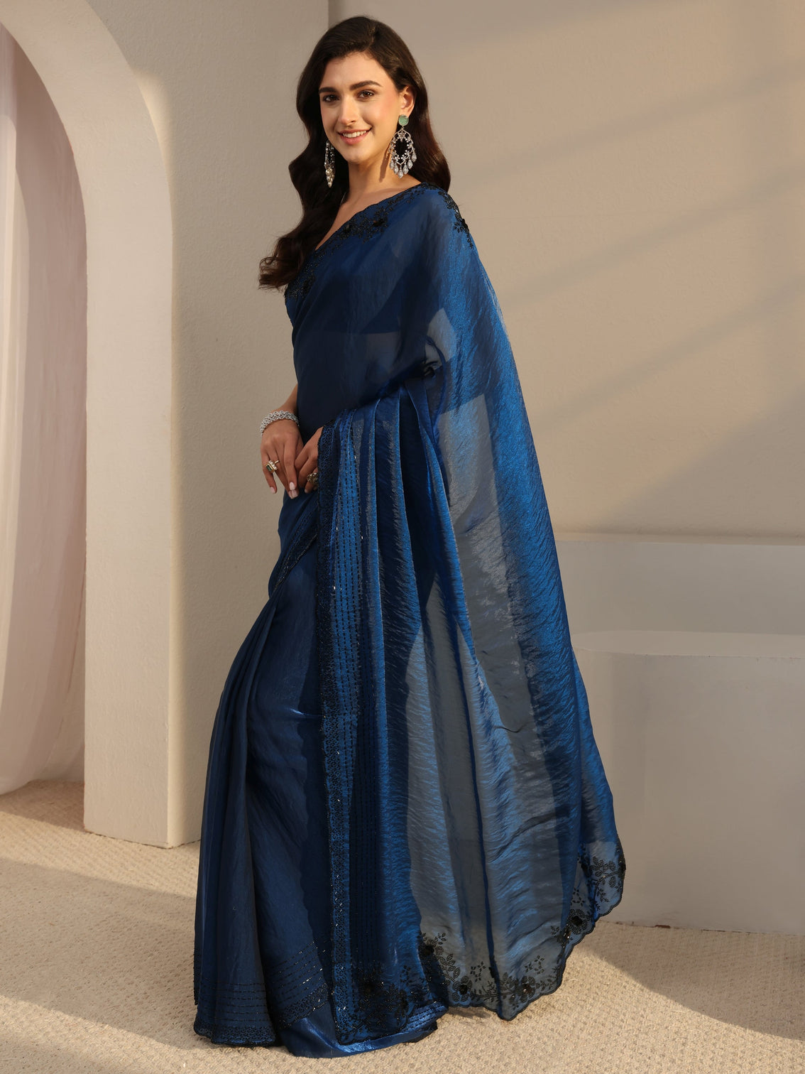 Mameraa Blue Floral Embellished Tissue Saree With Unstitched Blouse Piece