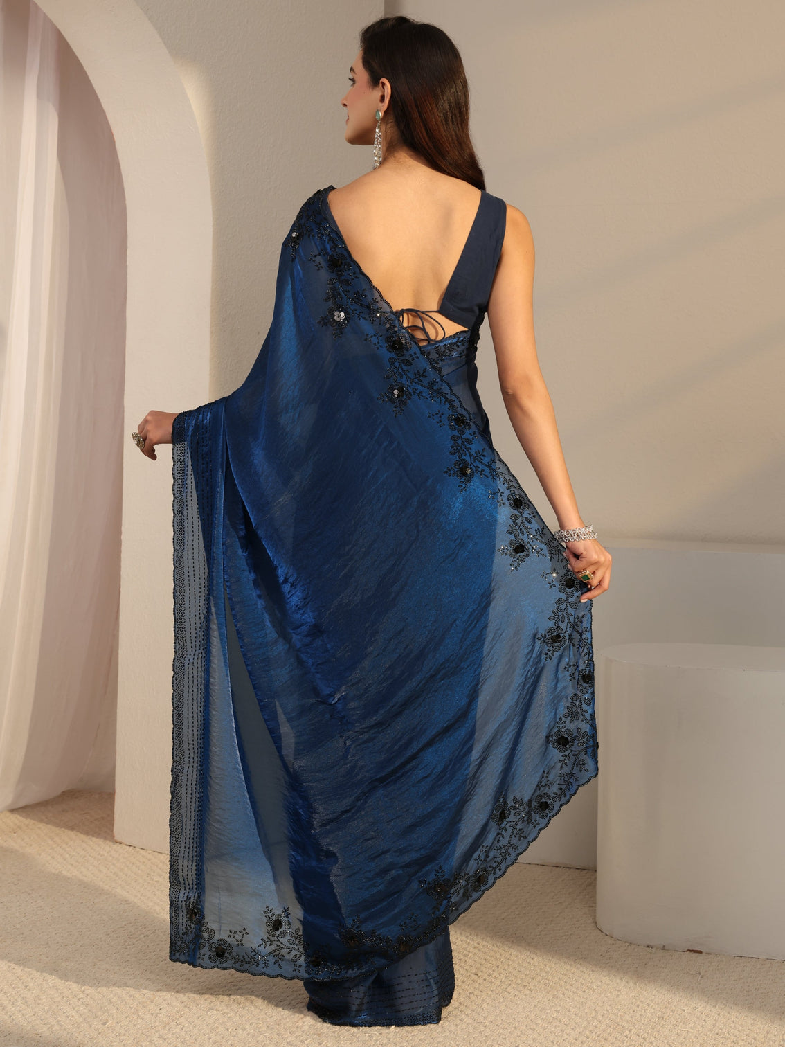 Mameraa Blue Floral Embellished Tissue Saree With Unstitched Blouse Piece