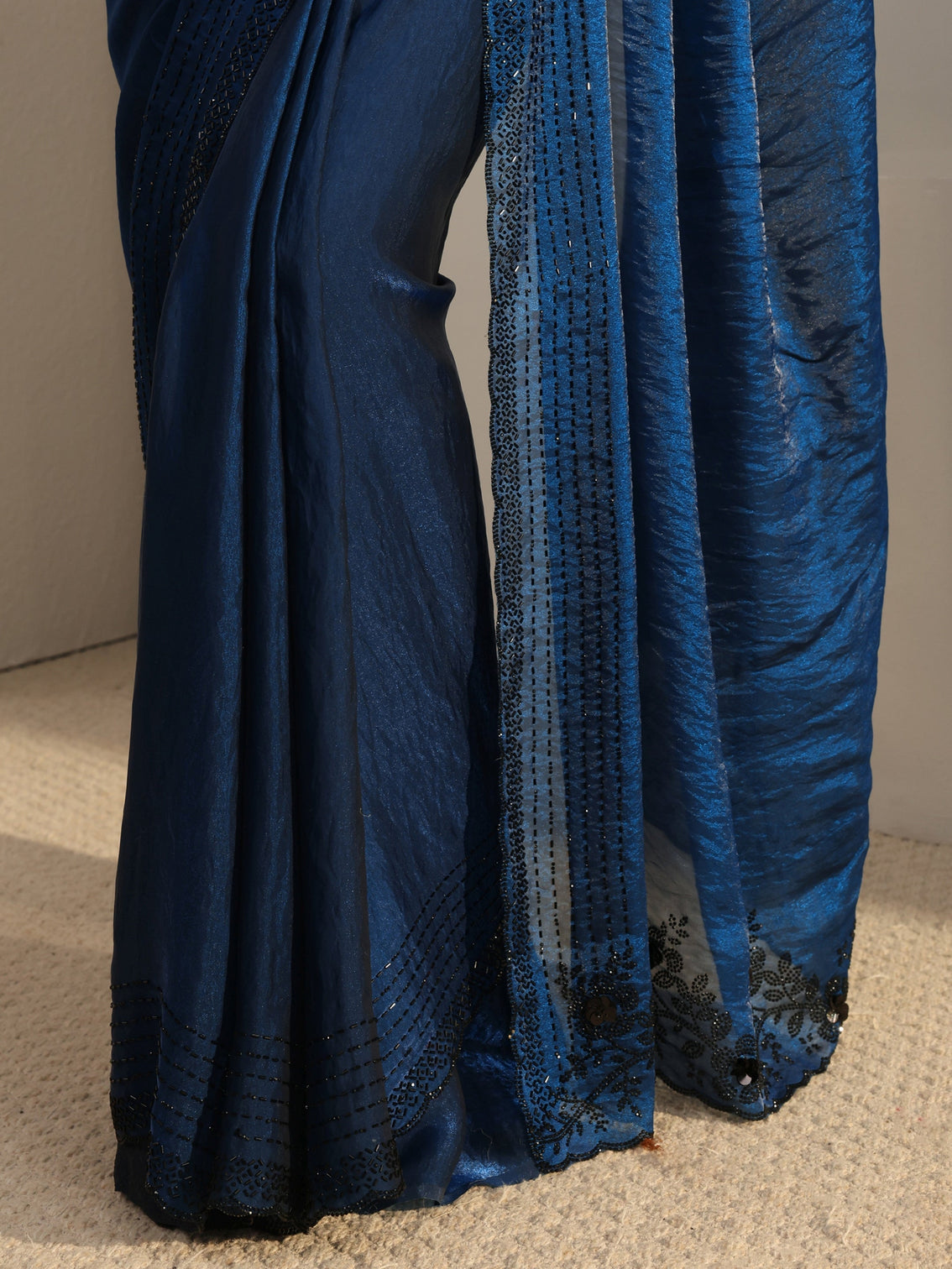 Mameraa Blue Floral Embellished Tissue Saree With Unstitched Blouse Piece
