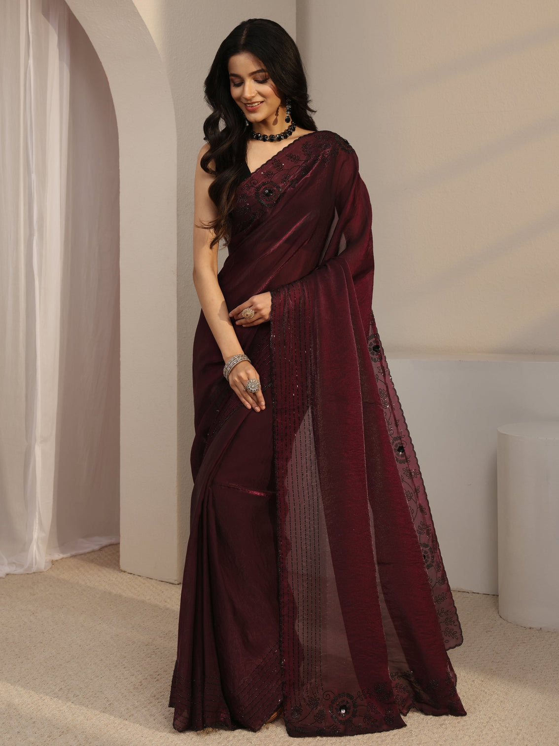 Mameraa Burgundy Embellished Tissue Saree With Unstiched Blouse Piece
