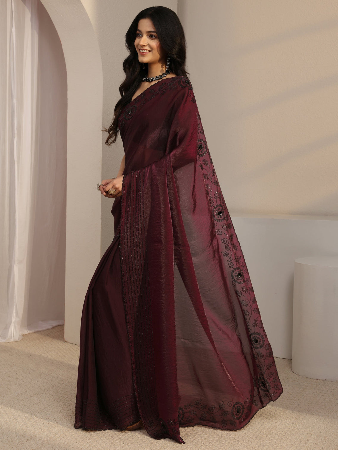 Mameraa Burgundy Embellished Tissue Saree With Unstiched Blouse Piece