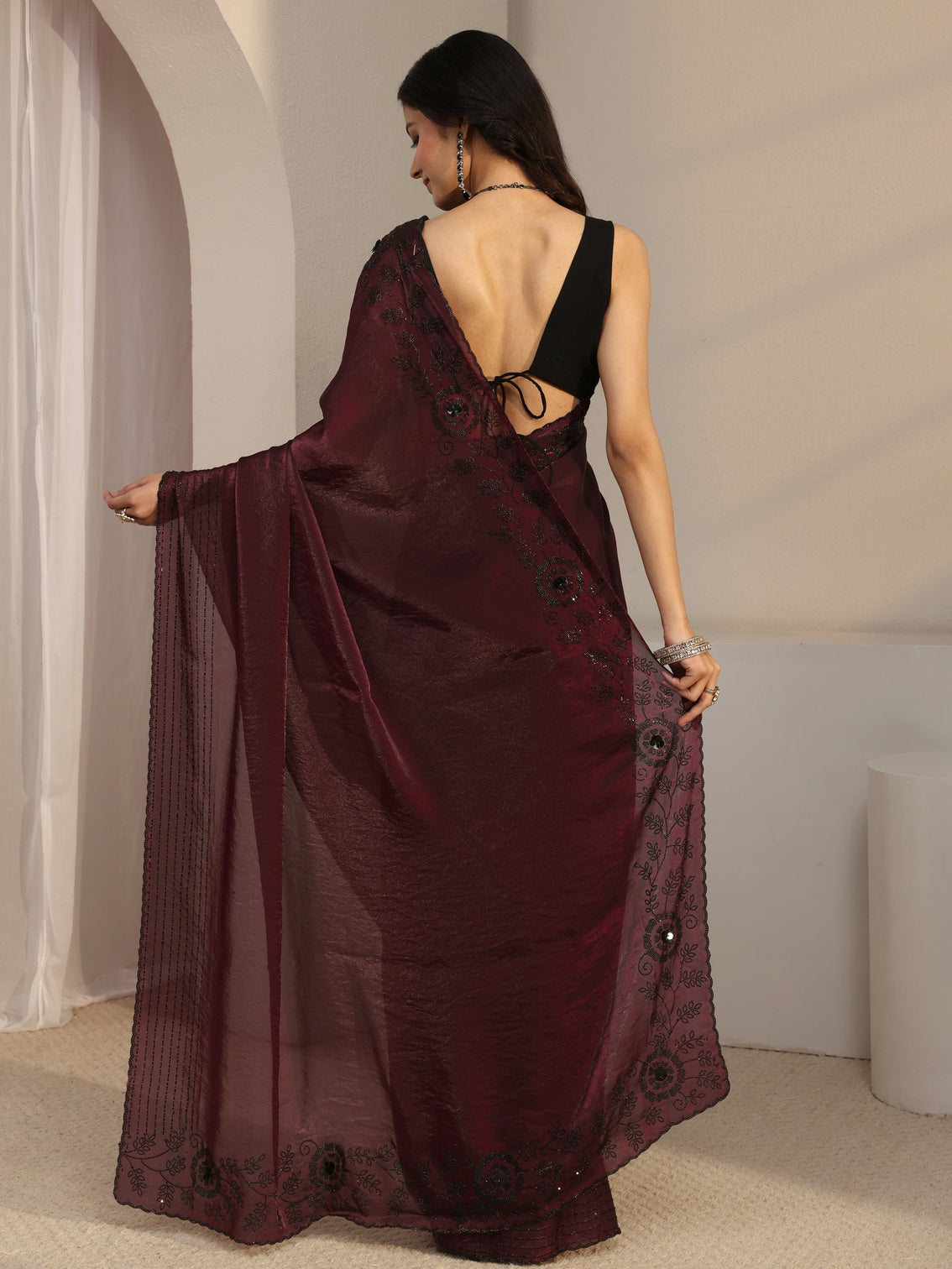 Mameraa Burgundy Embellished Tissue Saree With Unstiched Blouse Piece