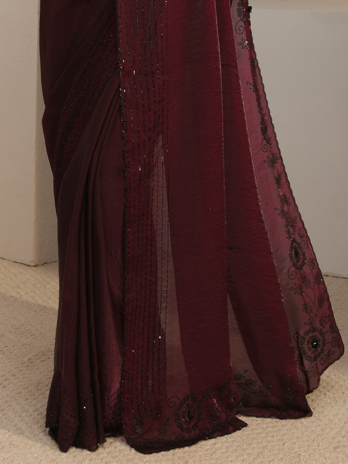 Mameraa Burgundy Embellished Tissue Saree With Unstiched Blouse Piece