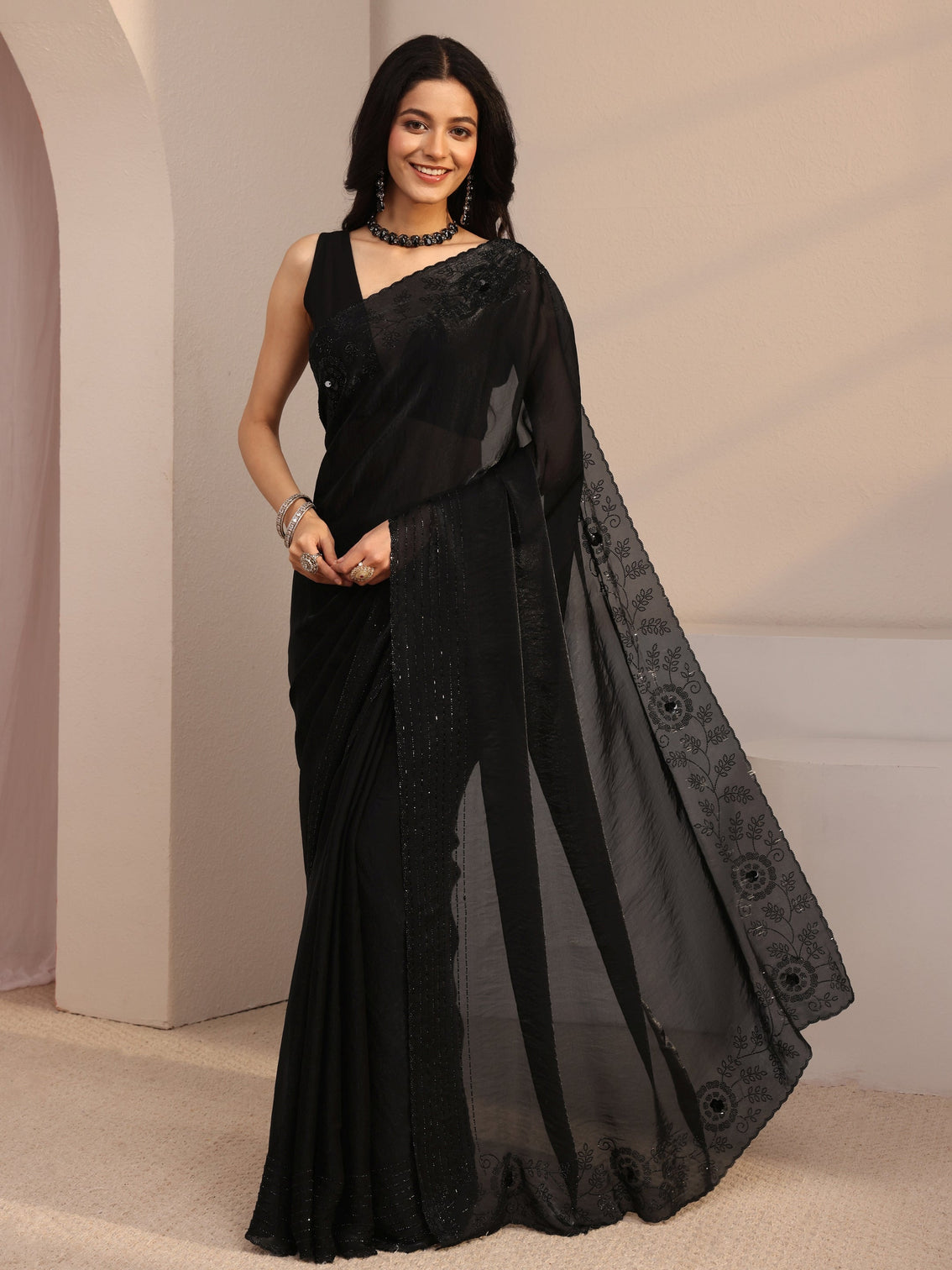 Mameraa Black Embellished Tissue Saree With Unstiched Blouse Piece
