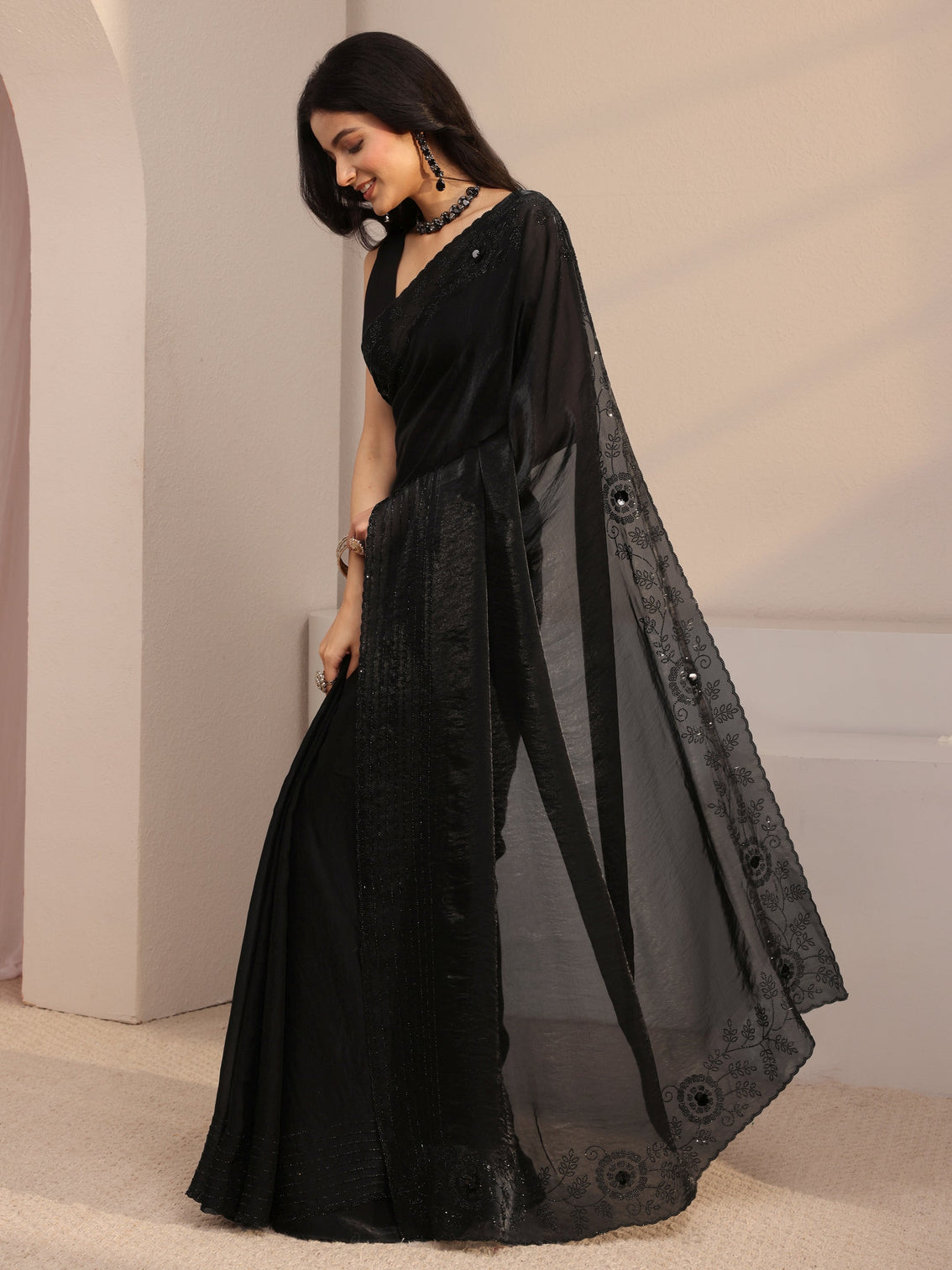 Mameraa Black Embellished Tissue Saree With Unstiched Blouse Piece