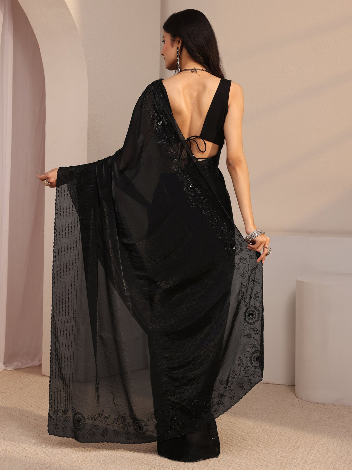 Mameraa Black Embellished Tissue Saree With Unstiched Blouse Piece