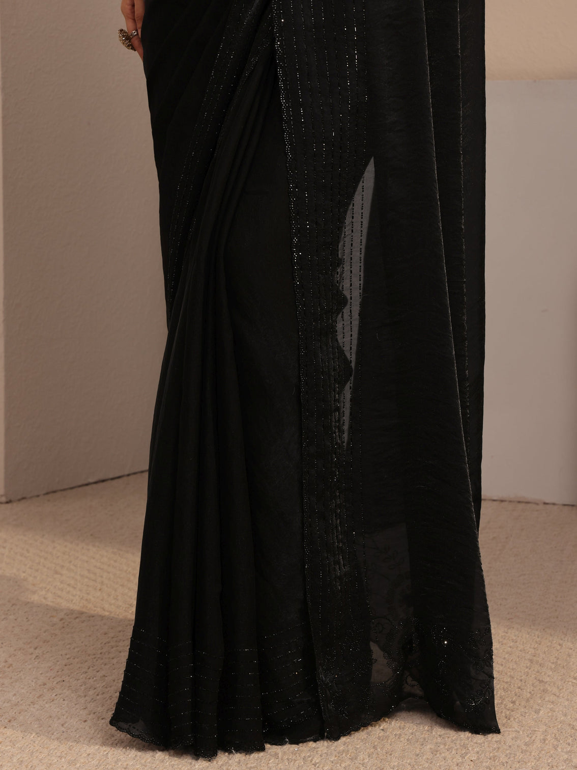 Mameraa Black Embellished Tissue Saree With Unstiched Blouse Piece