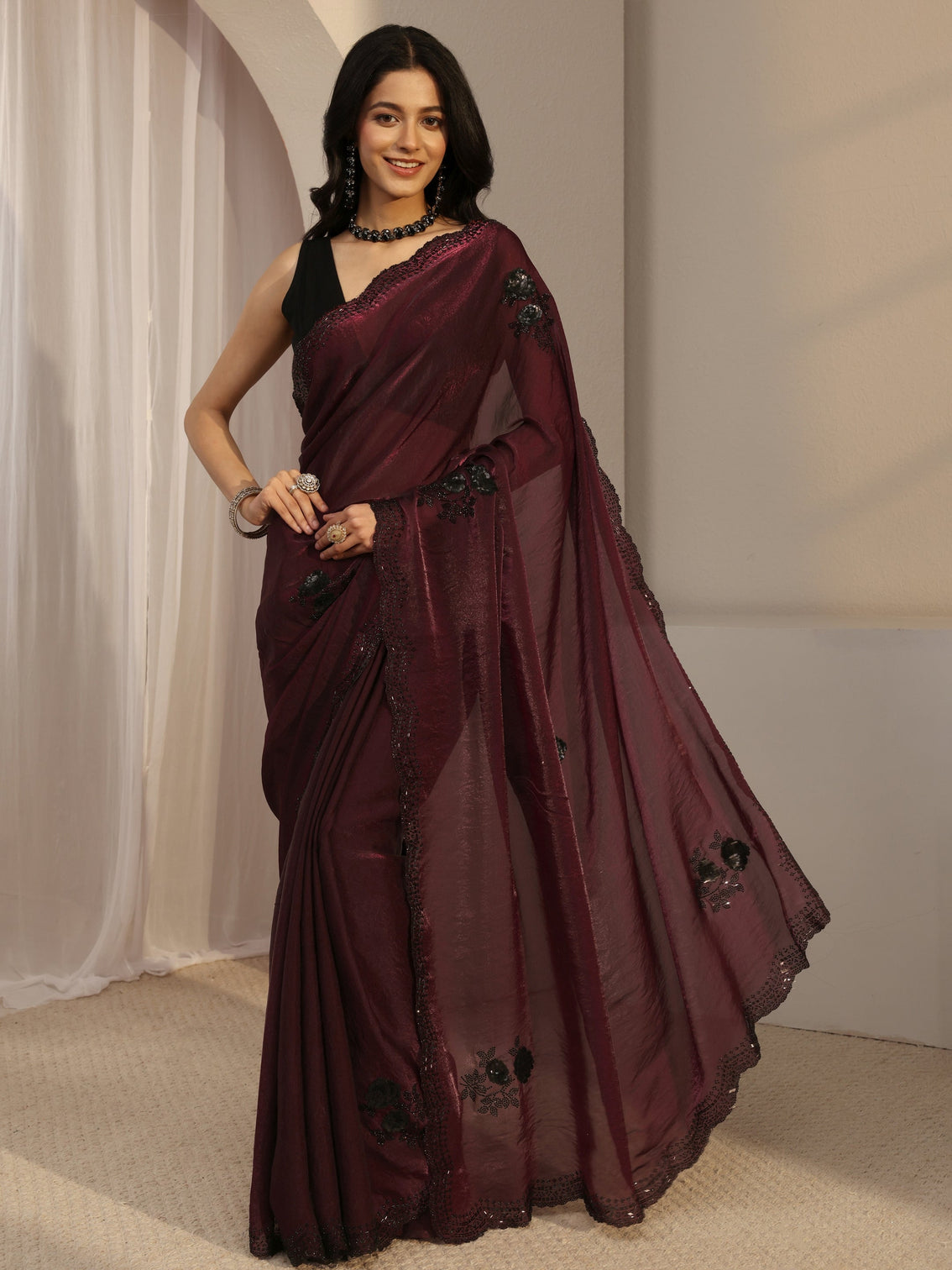 Mameraa Maroon Floral Embellished Organza Saree With Unstitched Blouse Piece