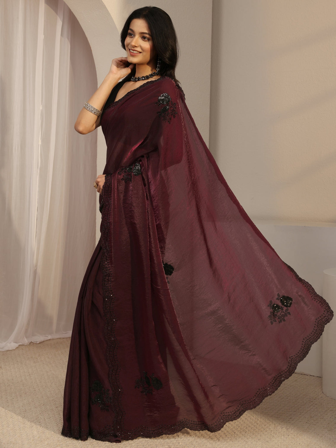 Mameraa Maroon Floral Embellished Organza Saree With Unstitched Blouse Piece